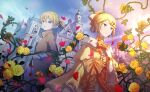  aku_no_meshitsukai_(vocaloid) allen_avadonia blonde_hair blue_eyes castle cosplay costume_switch crossdressing dress evillious_nendaiki expressionless flower frilled_sleeves frills hair_ornament hairclip hand_up highres kagamine_len kagamine_rin looking_back off-shoulder_dress off_shoulder official_art project_sekai ribbon riliane_lucifen_d&#039;autriche rose siblings thorns yellow_flower yellow_rose 