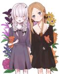  2girls abigail_williams_(fate) bangs black_dress blonde_hair blue_eyes blush braid breasts draw_happy_set dress fate/grand_order fate_(series) flower forehead grey_dress highres holding_hands horns lavinia_whateley_(fate) long_hair long_sleeves looking_at_viewer multiple_girls open_mouth parted_bangs purple_eyes single_horn small_breasts smile stuffed_animal stuffed_toy teddy_bear thighs twin_braids twintails white_hair wide-eyed 