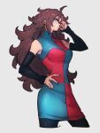  1girl android_21 blue_eyes breasts brown_hair checkered_clothes checkered_dress closed_mouth dragon_ball dragon_ball_fighterz dress earrings glasses grey_background hand_on_hip hoop_earrings jewelry kemachiku long_hair looking_at_viewer medium_breasts pencil_dress simple_background solo 