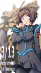  1girl 547th_sy black_legwear black_shirt blue_necktie blurry blurry_background blush breasts character_name collared_shirt dated grey_skirt happy_birthday highres looking_to_the_side mecha medium_breasts military military_uniform muvluv muvluv_alternative muvluv_total_eclipse necktie open_mouth pantyhose purple_eyes shirt skirt solo tactical_surface_fighter takamura_yui takemikazuchi_(muvluv) uniform visor 