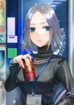  1girl blue_eyes drink forehead hakohako-does highres id_card original ribbed_sweater short_hair solo sweater vending_machine white_hair 