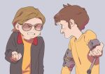  2boys be_(ronironibebe) black_jacket blush braces brown_eyes brown_hair crutch eye_contact glaring glasses jacket jimmy_valmer long_hair looking_at_another multiple_boys nathan_(south_park) open_mouth shirt short_hair smile south_park teeth uneven_eyes upper_teeth yellow_shirt 