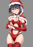  1girl asymmetrical_hair black_hair breasts bridal_gauntlets brown_eyes capelet christmas clothing_cutout elbow_gloves fur-trimmed_capelet fur_trim gloves hair_between_eyes headphones highres hood hooded_capelet i-13_(kancolle) kantai_collection leotard navel navel_cutout otobi red_capelet red_gloves red_legwear red_leotard short_hair small_breasts solo thighhighs 