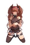  1girl angelina_(arknights) angelina_(distinguished_visitor)_(arknights) animal_ears arknights bare_arms bare_shoulders belt black_legwear black_leotard breasts brown_hair closed_mouth commentary covered_navel english_commentary fox_ears fox_girl full_body hairband headgear highres jason_kim kneeling leotard long_hair looking_at_viewer medium_breasts official_alternate_costume red_eyes red_hairband sidelocks simple_background solo thigh_strap thighhighs twintails v-shaped_eyebrows very_long_hair white_background 