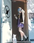  1girl absurdres animal bangs blue_eyes blue_hair cat chain eating food highres hololive hoshimachi_suisei jacket loafers long_hair pleated_skirt school_uniform serafuku shoes skirt socks solo tacshojosora virtual_youtuber white_legwear 