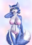  absurd_res anthro athletic athletic_female big_breasts black_nose blue_body blue_eyes blue_fur blush breasts camel_toe canid canine claws clothing female fox fur hand_behind_head hi_res krystal lingerie looking_at_viewer mammal navel nintendo panties pink_clothing pink_panties pink_underwear pipyaka seductive simple_background smile smiling_at_viewer solo star_fox tattoo underwear video_games wide_hips 