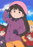  3girls bangs be_(ronironibebe) bebe_stevens beret black_hair blonde_hair blunt_bangs coat frown gloves hat jacket long_hair multiple_girls purple_coat purple_eyes red_(south_park) red_hair red_jacket snow snowball south_park wendy_testaburger 