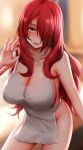  1girl apron blurry blurry_background blush breasts cleavage collarbone covered_nipples cowboy_shot ginhaha hair_over_one_eye highres kobayashi_rindou large_breasts long_hair looking_at_viewer mixed-language_commentary naked_apron one_eye_covered parted_lips red_hair shokugeki_no_souma smile solo white_apron yellow_eyes 