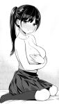  1girl bangs black_hair blush breasts cleavage collarbone commentary_request covering covering_breasts full_body greyscale highres kneehighs large_breasts long_hair looking_at_viewer monochrome nora_higuma original parted_lips pleated_skirt ponytail sitting skirt socks solo sweatdrop topless wariza 