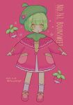  1girl bounsweet character_name dated eyebrows full_body green_hair green_headwear hat highres looking_away mameeekueya orange_eyes personification pink_background pink_footwear pokemon pokemon_(creature) short_hair simple_background socks twitter_username white_legwear 