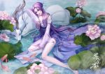  1girl absurdres bare_legs china_dress chinese_clothes deer dress fish flower hair_bun highres legs lying needle pond purple_dress purple_eyes purple_hair qin_shi_ming_yue zi_nu_(qin_shi_ming_yue) zi_nu_zhuye_jun 