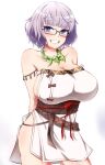  1girl absurdres arms_behind_back bangs bare_shoulders blue_eyes blush breasts cleavage collarbone cosplay dress fate/grand_order fate_(series) glasses grey_hair grin highres himiko_(fate) himiko_(fate)_(cosplay) jacques_de_molay_(foreigner)_(fate) large_breasts looking_at_viewer magatama magatama_necklace sash short_hair side_slit sideboob smile solo sotomichi thighs white_dress 