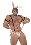  1boy abs absurdres alternate_costume amo_(amo9612) animal_ears arm_hair arm_strap bara beard blush bow bowtie brown_hair bulge chest_hair chris_redfield dark-skinned_male dark_skin detached_collar facial_hair feet_out_of_frame hairy headphones highres jockstrap kemonomimi_mode large_pectorals leg_hair looking_at_viewer male_focus male_playboy_bunny male_underwear mature_male muscular muscular_male navel navel_hair nipples pants pectorals rabbit_boy rabbit_ears rabbit_tail resident_evil resident_evil_5 reward_available short_hair smile solo stomach stubble suspenders suspenders_pull tail thick_thighs thighs topless_male undercut underwear white_male_underwear 