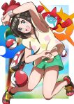  1girl :d absurdres bangs bare_legs beanie blush bracelet commentary_request eyelashes floral_print green_shorts grey_eyes hat highres jewelry open_mouth poke_ball poke_ball_(basic) pokemon pokemon_(game) pokemon_sm pose red_headwear rotom rotom_dex selene_(pokemon) shirt shoes short_shorts short_sleeves shorts smile sneakers t-shirt teeth tied_shirt tongue tsushima_(adru7777) upper_teeth z-ring 