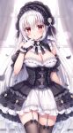  1girl :o bangs bare_shoulders blush breasts character_request cleavage dress frilled_dress frilled_skirt frills gloves gothic_lolita highres large_breasts lolita_fashion long_hair looking_at_viewer mitsuba_choco open_mouth red_eyes silver_hair skirt straight_hair thighhighs thighs very_long_hair zettai_ryouiki 
