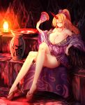  1girl blonde_hair breasts cleavage cuffs hand_fan highres horns hoshiguma_yuugi japanese_clothes kimono large_breasts oni shackles single_horn solo sunyup touhou 