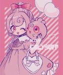  1girl absurdres bag blush bow dated hair_bow handbag highres igglybuff mameeekueya one_eye_closed open_mouth personification pink_bow pink_eyes pink_hair pokemon pokemon_(creature) puffy_short_sleeves puffy_sleeves short_hair short_sleeves smile teeth twitter_username upper_teeth 