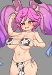  1girl animal_ears animal_print basukechi blue_hair blush breasts cleavage cleo_(dragalia_lost) cow_horns cow_print dragalia_lost gradient_hair highres horns large_breasts long_hair multicolored_hair navel open_mouth purple_eyes purple_hair solo twintails very_long_hair 