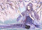  1girl cherry_blossoms china_dress chinese_clothes dress long_hair long_sleeves purple_dress purple_eyes purple_hair qin_shi_ming_yue seiza sitting water weibo_id zi_nu_(qin_shi_ming_yue) zi_nu_zhuye_jun 