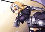  1girl absurdres armor armored_dress bangs black_legwear blonde_hair blue_eyes braid braided_ponytail breasts chain closed_mouth collar dress fate/apocrypha fate_(series) faulds flag gauntlets headpiece highres hisato_nago jeanne_d&#039;arc_(fate) jeanne_d&#039;arc_(fate/apocrypha) large_breasts long_hair looking_to_the_side metal_collar plackart polearm purple_dress smile thighhighs thighs very_long_hair weapon 