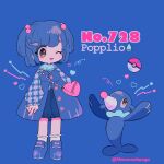  1girl bag blue_background blue_footwear blue_hair character_name creature_and_personification full_body hair_ornament hairclip heart highres long_sleeves mameeekueya one_eye_closed open_mouth personification poke_ball poke_ball_(basic) pokedex_number pokemon pokemon_(creature) popplio shoes short_hair shoulder_bag simple_background smile twitter_username 