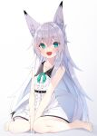  1girl :d animal_ear_fluff animal_ears aqua_eyes bangs barefoot between_legs blush bow bow_dress collarbone dress eyebrows_visible_through_hair fox_ears fox_girl fox_tail green_bow grey_hair hair_between_eyes hand_between_legs highres long_hair looking_at_viewer original shiro_youduki short_dress sitting sleeveless smile solo tail toes wariza white_dress 