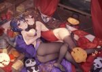  2girls absurdres ass azur_lane bangs bed black_legwear blush breasts brown_eyes brown_hair china_dress chinese_clothes dress hair_ornament hair_rings highres lanyingchengzhi large_breasts long_hair looking_at_viewer lying manjuu_(azur_lane) multiple_girls ning_hai_(azur_lane) ning_hai_(moon_palace_rabbit)_(azur_lane) on_bed on_side open_mouth panda pantyhose ping_hai_(azur_lane) ping_hai_(osmanthus_moon_rabbit)_(azur_lane) purple_dress purple_hair red_dress red_eyes shelf thighhighs 