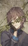  1boy brown_gloves brown_hair closed_mouth copyright_request floral_background gloves hatching_(texture) highres hiranko male_focus medium_hair plant signature smile solo upper_body vines yellow_eyes 