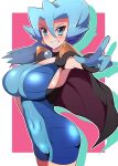  1girl blue_eyes blue_hair breasts brown_cape cape clair_(pokemon) earrings gloves harubato highres jewelry large_breasts light_blue_hair pointing pokemon pokemon_(game) pokemon_gsc ponytail solo tied_hair 