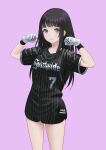  1girl bangs baseball_uniform black_hair blush breasts carlo_montie chitanda_eru clenched_hands eyebrows_visible_through_hair gloves highres hyouka long_hair looking_at_viewer purple_background purple_eyes simple_background smile solo sportswear white_gloves 