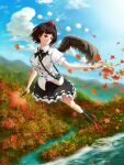  1girl autumn_leaves black_legwear black_neckerchief black_skirt black_wings blue_sky breasts brown_hair camera_around_neck collared_shirt dress_shirt fasnakegod feathered_wings foreshortening frilled_skirt frills geta hat hauchiwa highres holding medium_breasts mountainous_horizon neckerchief outdoors outstretched_arm outstretched_hand pen_in_pocket pom_pom_(clothes) print_shirt puffy_short_sleeves puffy_sleeves red_eyes red_footwear red_headwear red_tassel ribbon-trimmed_skirt ribbon_trim shameimaru_aya shirt short_sleeves skirt sky socks solo tengu-geta tokin_hat touhou white_shirt wings 