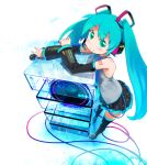  1girl aqua_eyes aqua_hair bird commentary_request detached_sleeves hatsune_miku headphones headset highres holding holding_microphone legs long_hair microphone minawa necktie photoshop_(medium) skirt smile solo speaker thighhighs twintails vocaloid 