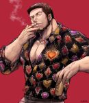  1boy alcohol bags_under_eyes bara beard beer beer_can belt brown_belt brown_eyes brown_hair can cigarette collared_shirt facial_hair holding judge_eyes kaito_masaharu large_pectorals long_sideburns looking_at_viewer male_focus mature_male muscular muscular_male nishi_yukari patterned_clothing pectoral_cleavage pectorals scar scar_on_face shirt short_hair sideburns smoking solo 