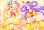  2girls :o ;d absurdres asahina_mirai back_bow black_headwear blonde_hair blush bow braid brooch bubble_skirt buttons cake_hair_ornament candy_hair_ornament chaka_(chaka3o3) choker cowboy_shot cure_magical cure_miracle dress earrings food-themed_clothes food-themed_hair_ornament food-themed_ornament frilled_dress frills gradient gradient_background hair_ornament hair_rings hairband hat heart heart_button heart_choker highres huge_bow izayoi_liko jewelry lace_background long_hair looking_at_viewer magical_girl mahou_girls_precure! medium_hair mini_hat mini_witch_hat multiple_girls one_eye_closed open_mouth orange_background orange_bow orange_hairband pink_headwear precure puffy_sleeves purple_eyes purple_hair red_bow skirt smile star_(symbol) thigh_strap thighhighs topaz_style twin_braids white_legwear witch_hat wrist_cuffs yellow_background yellow_bow yellow_choker yellow_dress yellow_hairband yellow_theme 