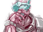  1boy armlet armor asymmetrical_horns blood_stalk blue_eyes blue_horns bodysuit gloves head helmet horns huujyu jumpsuit kamen_rider kamen_rider_build_(series) looking_at_viewer male_focus red_armor red_gloves red_horns red_jumpsuit signature single_horn vest visor white_background 