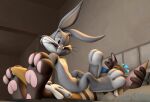  anthro bodily_fluids bugs_bunny dingoroo dingoroo_(character) duo feet foot_on_face hi_res jcthornton kangaroo lagomorph leporid long_ears looney_tunes macropod male male/male mammal marsupial one_eye_closed pawpads paws rabbit sitting_on_person sweat sweatdrop warner_brothers wink 