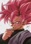  1boy dragon_ball dragon_ball_super earrings evil_grin evil_smile glint goku_black grey_background grin hair_between_eyes jewelry male_focus pink_hair purple_eyes reeya ring signature simple_background single_earring smile solo spiked_hair upper_body 