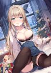  1girl black_legwear blonde_hair blue_bow blue_bowtie blue_eyes blue_skirt blush bow bowtie bra breasts character_request christmas cleavage collared_shirt copyright_request eyebrows_visible_through_hair hair_ribbon large_breasts long_hair long_sleeves looking_at_viewer miyase_mahiro open_clothes panties pleated_skirt ribbon shirt sitting skirt solo suspender_skirt suspenders thighhighs under_skirt underbust underwear white_shirt 