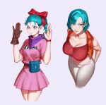  2girls absurdres aqua_eyes aqua_hair bare_shoulders belt belt_pouch bow breasts brown_gloves bulma character_name closed_mouth clothes_writing collarbone dragon_ball gloves hair_bow highres large_breasts long_hair multiple_girls ponytail pouch purple_background short_hair simple_background single_glove zelus 