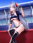  1girl arm_up azur_lane bangs black_gloves black_legwear breasts closed_mouth eyebrows_visible_through_hair feet_out_of_frame gloves hair_between_eyes hair_ornament highres jacket large_breasts long_hair looking_at_viewer multicolored_hair naga_(pixiv70891418) navel open_clothes open_jacket prinz_eugen_(azur_lane) prinz_eugen_(final_lap)_(azur_lane) race_queen shorts silver_hair simple_background sitting smile solo thighhighs twintails underboob yellow_eyes 