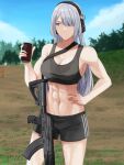  abs ak-15 ak-15_(girls&#039;_frontline) bangs black_shorts black_sports_bra can cola cyka drink girls&#039;_frontline gun headband highres holding holding_drink kalashnikov_rifle long_hair muscular muscular_female rifle shorts sky soda soda_can sports_bra target tree weapon white_hair 