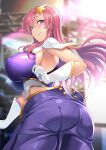  1girl ass bangs blue_eyes blush breasts closed_mouth covered_nipples elbow_gloves gloves gundam gundam_seed hair_ornament hassen_(8cm) highres large_breasts long_hair looking_at_viewer meer_campbell pink_hair smile solo star_(symbol) star_hair_ornament white_gloves 