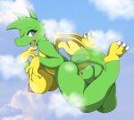  anthro blue_eyes blush breasts butt claws crossgender detailed_background dragon female genitals green_body mellonsoda multicolored_body nipples open_mouth pussy solo tabaluga tabaluga_(series) tongue two_tone_body wings yellow_body 