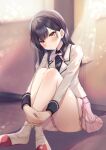  1girl ayuma_sayu behind_ear black_hair blurry blurry_background blush breasts closed_mouth coat crossed_legs curtains ears hair_tucking head_bowed head_tilt highres hugging_own_legs long_hair long_sleeves looking_at_viewer looking_to_the_side medium_hair original ribbon school_uniform shirt shoes sitting skirt small_breasts smile stocks sunlight uniform wall white_curtains window yellow_eyes 