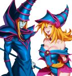  1boy 1girl absurdres arms_behind_back bare_shoulders blonde_hair blue_eyes blue_headwear blush bright_pupils choker closed_mouth collarbone colored_skin dark_magician dark_magician_girl facial_mark gold_choker green_eyes green_skin hair_between_eyes highres holding holding_staff holding_weapon long_hair looking_at_viewer off_shoulder open_mouth pentagram smile staff teeth tongue weapon white_pupils witch wizard yu-gi-oh! zelus 