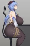  alternate_breast_size ass backless_outfit bare_shoulders bell black_bodysuit blue_hair blush bodice bodysuit breasts breasts_on_table chair chamchami cowbell curvy detached_sleeves dildo_reveal eyebrows_visible_through_hair facing_to_the_side ganyu_(genshin_impact) genshin_impact goat_horns half-closed_eyes highres horns huge_breasts long_hair office_chair plump purple_eyes raised_eyebrows sitting thick_eyebrows thick_thighs thighs 