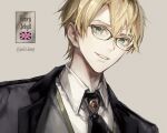 1boy bangs blonde_hair collar collared_shirt fate/grand_order fate_(series) glasses green_eyes hair_between_eyes highres jekyll_and_hyde_(fate) koshika_rina looking_at_viewer male_focus necktie open_mouth shirt short_hair smile waistcoat white_shirt 