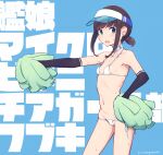  1girl bangs bikini black_gloves blush breasts brown_hair elbow_gloves eyebrows_visible_through_hair fubuki_(kancolle) gloves green_eyes hand_on_hip kantai_collection long_hair looking_at_viewer micro_bikini nakaaki_masashi navel open_mouth pom_pom_(cheerleading) ponytail small_breasts solo sweat swimsuit tears visor_cap white_bikini 