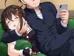  1boy 1girl =_= admiral_(kancolle) ahoge black_gloves black_hair black_serafuku blush braid brown_hair buttons cellphone closed_mouth collared_shirt couch dated dd_(ijigendd) drooling eyebrows_visible_through_hair fingerless_gloves gloves hair_between_eyes hair_flaps holding holding_phone kantai_collection long_hair long_sleeves military military_uniform naval_uniform neckerchief open_mouth phone red_neckerchief remodel_(kantai_collection) school_uniform serafuku shigure_(kancolle) shirt short_sleeves single_braid sitting sleeping smartphone twitter_username uniform white_shirt 