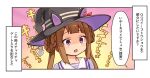  1girl animal_ears brown_hair commentary_request hair_rings hat horse_ears horse_girl long_hair low_twintails portrait purple_eyes ryoji_(nomura_ryouji) simple_background solo surprised sweep_tosho_(umamusume) translation_request twintails umamusume white_background witch_hat 